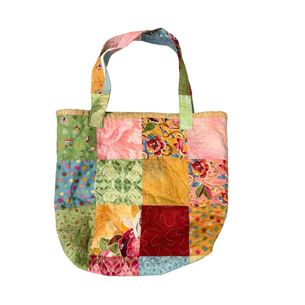 Handmade Quilted Patchwork Tote Bag Multi Color Floral Boho Bag Large - BZ